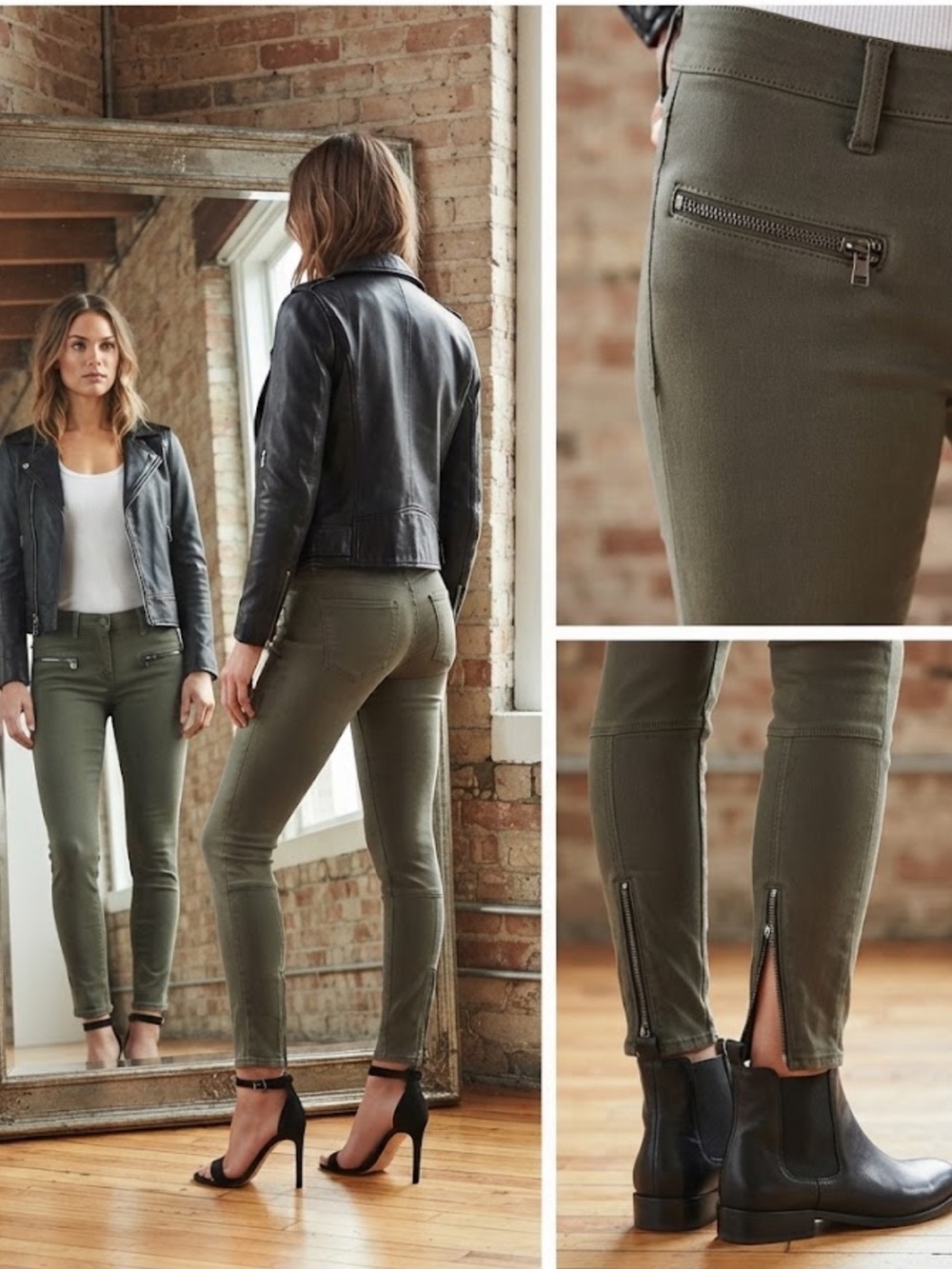 GAP Women’s Dark Olive Moto True Skinny Moto Pants with Ankle Zips 31 Tall